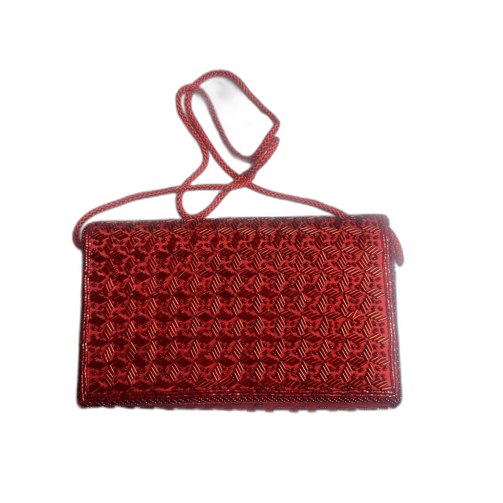 Vintage 80's Lindsey Blake Red Satin Beaded Clutch Evening Bag Glam:Pre-Owned